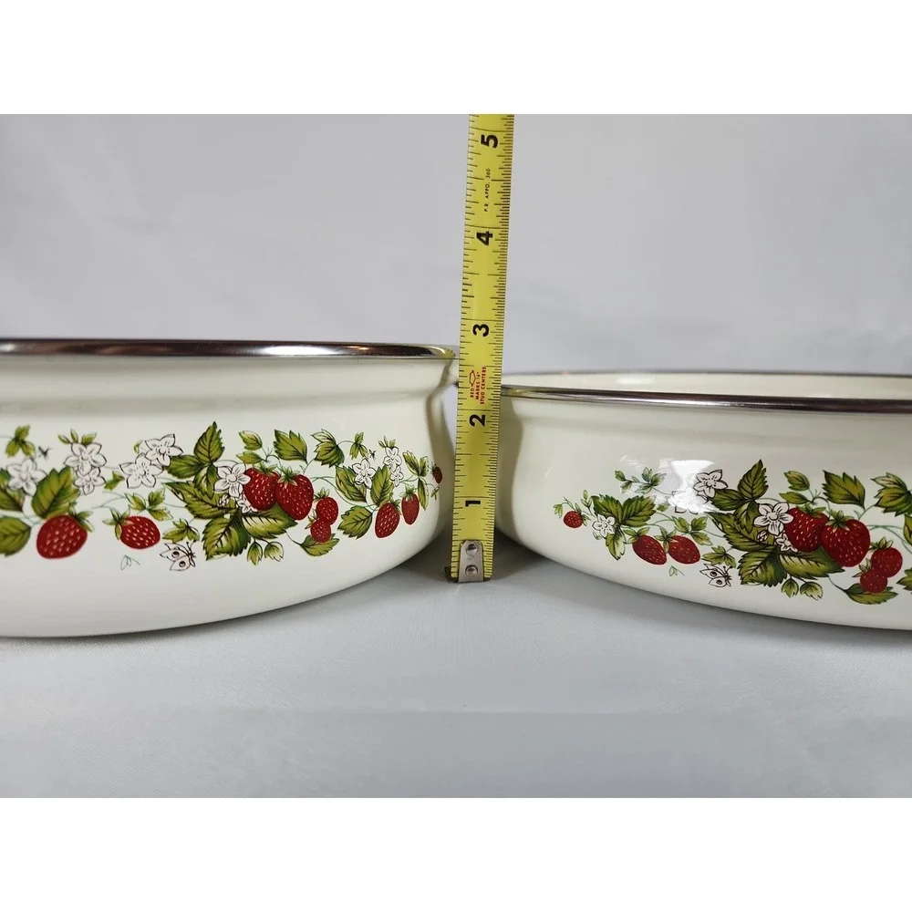 VTG Sheffield Strawberries n Cream Enamel Skillets Fry Pan Set 8
